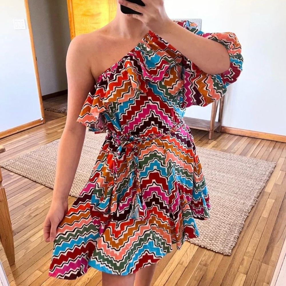Rhode Colorful Striped One Shoulder Braided Belt Designer Mini Dress M NWOT